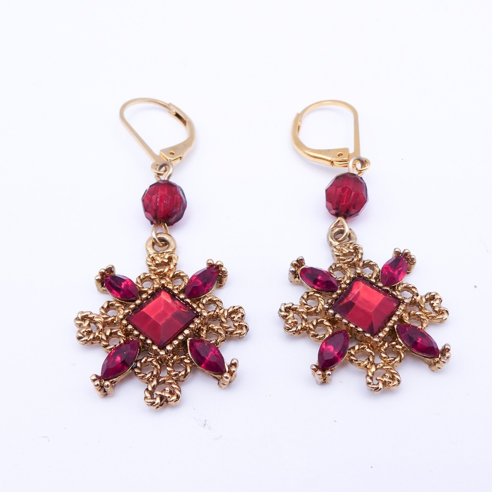 Vintage Eutrucean Style Red Rhinestone Goldtone Drop-Dangle 2 In Earrings